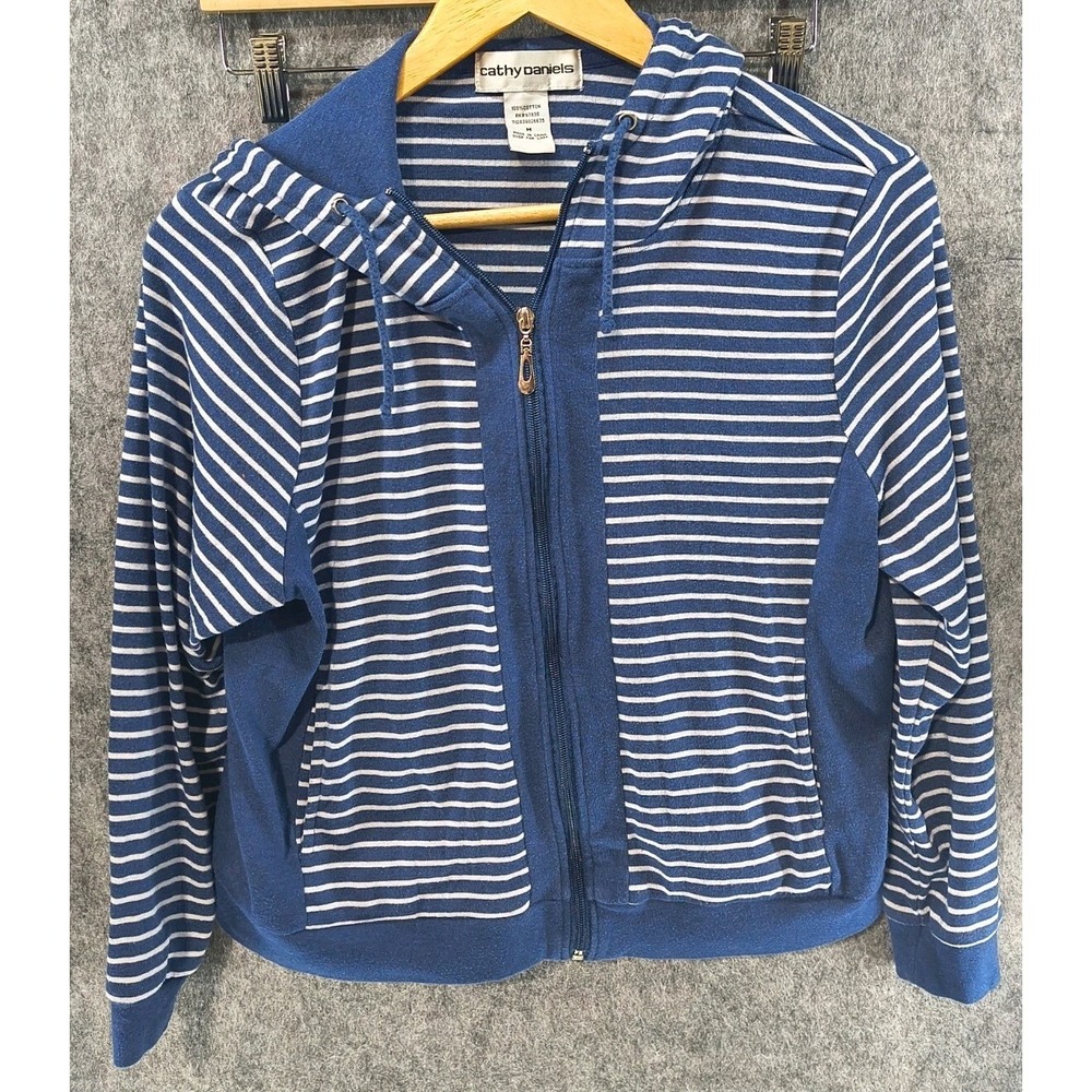 Cathy Daniel's Hooded Zip Up Shirt Juniors/Women's Size M Blue White‎ Stripe